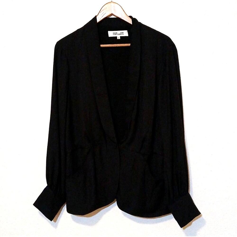Diane Von Furstenberg Black Blouse Blazer One Button Closure Pockets